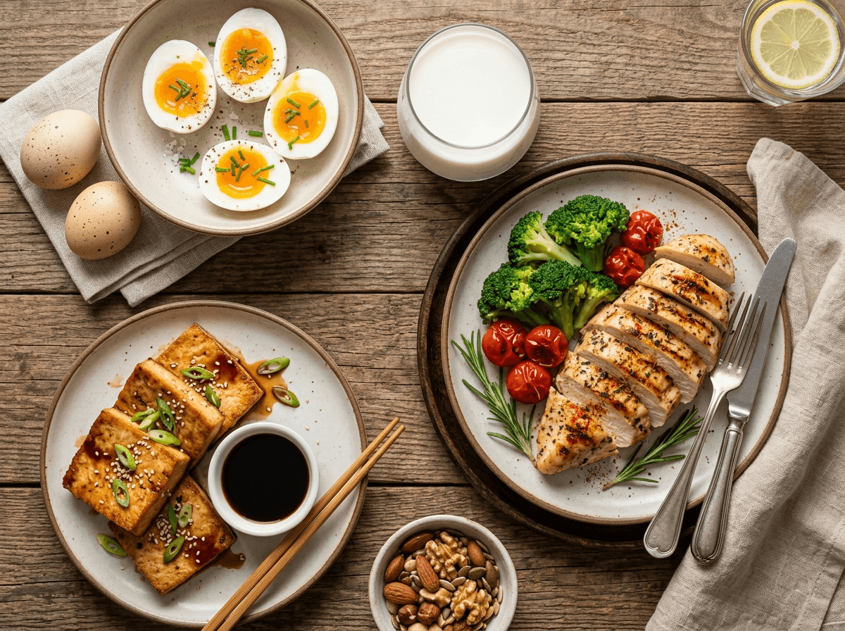 계란 두부 육류 등 단백질 식품 클로즈업 사진