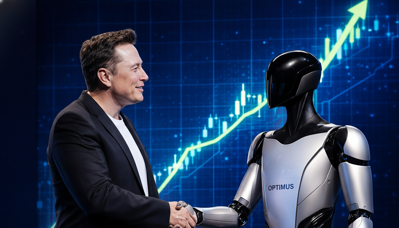 Elon Musk shaking hands with a robot (Optimus) on stage, with a stock price chart rising on the screen behind them.