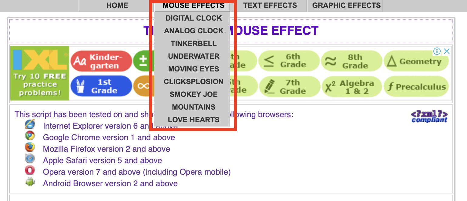 CDATA[ var colour="random"; // in addition to "random" can be set to any valid colour eg "#f0f" or "red" var sparkles=50; /***********************
www.mf2fm.com
상탄 탭에서 MOUSE EFFECTS 누르시면 9종의 마우스 이펙트를 체험 해 보실 수 있습니다.
쓸만한 건 별로 없지만 그래도~ 몇 가지 중에서 고를 수 있습니다.
![