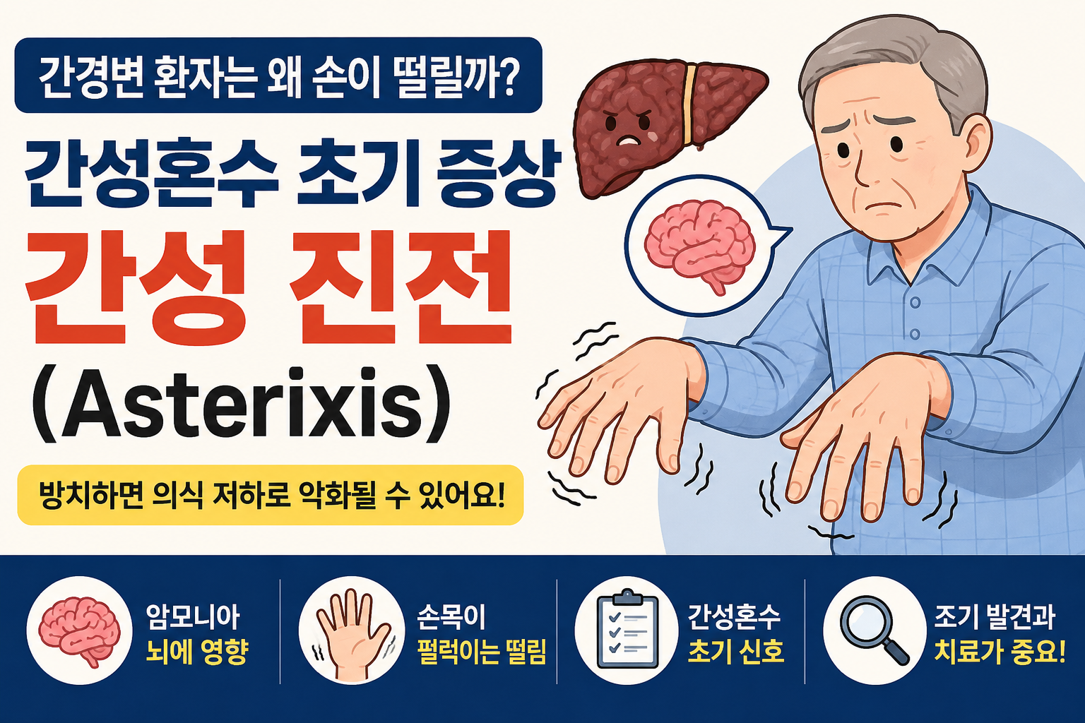 간경변 환자의 손 떨림과 간성혼수 초기 증상인 간성 진전(Asterixis)을 설명하는 의료 일러스트