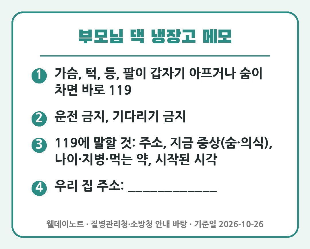 심근경색 대비 부모님 댁 냉장고 메모 예시