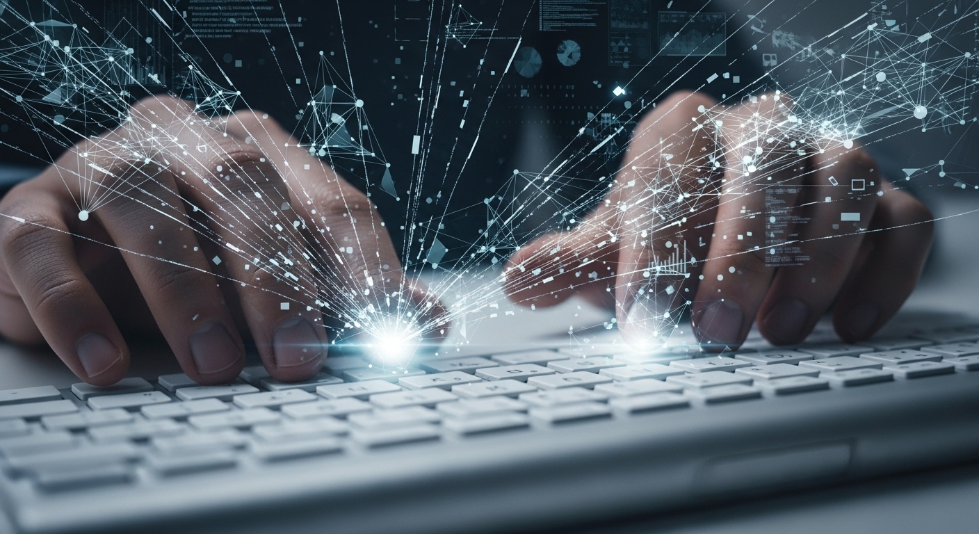 명확하고 구체적인 프롬프트 입력을 상징하는 이미지. 키보드를 타이핑하는 손가락에서 데이터 연결이 뻗어나가는 모습으로 AI와의 소통을 시각화합니다.