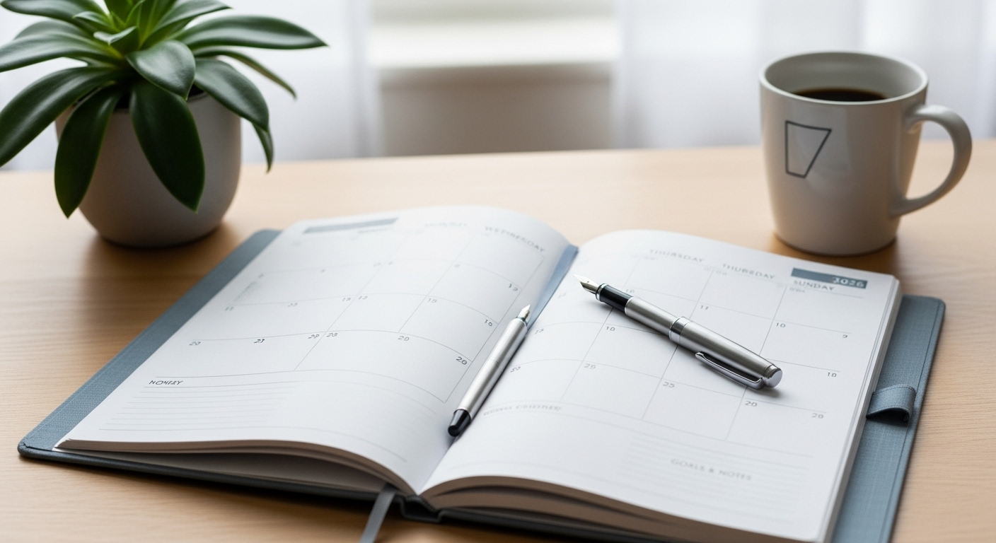 2026년 다이어리가 깔끔한 책상 위에 펼쳐져 있고, 옆에는 펜, 작은 식물, 커피잔이 놓여 있는 모습. 차분하고 영감을 주는 분위기.