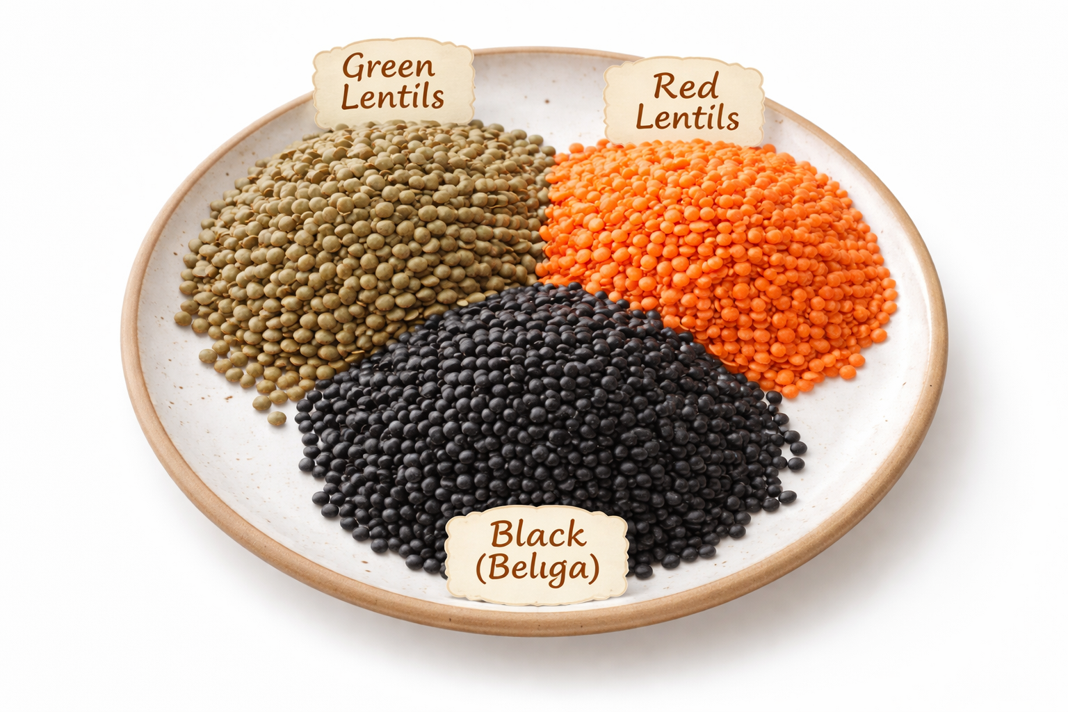 초록색, 빨간색, 검은색 렌틸콩 더미