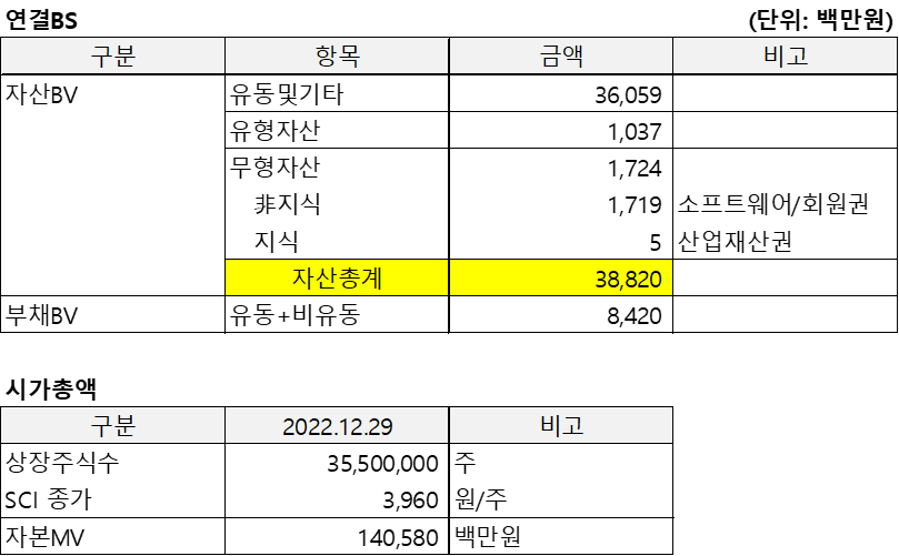 SCI(2022.12)의 연결BS 및 시가총액을 정리한 표