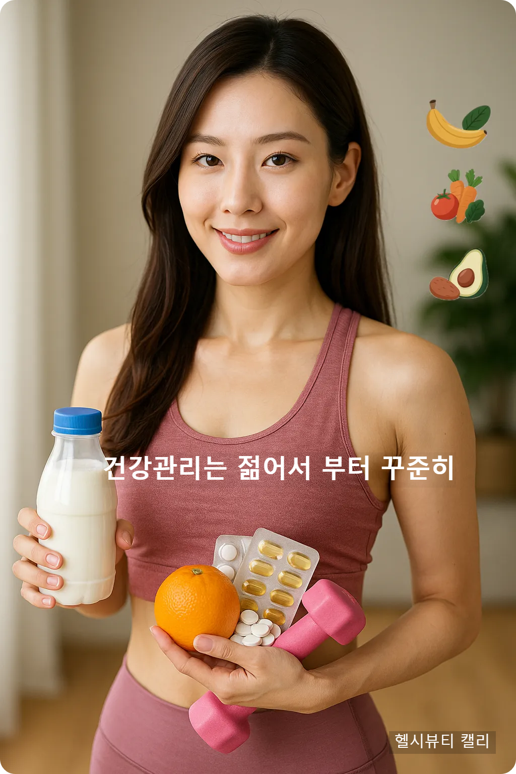 운동복을 입고 건강식품과 비타민, 오렌지, 우유를 든 건강한 30대 여성