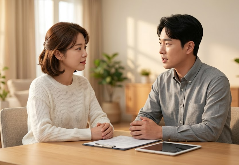 서로 마주 앉아 경청하는 두 사람 사진