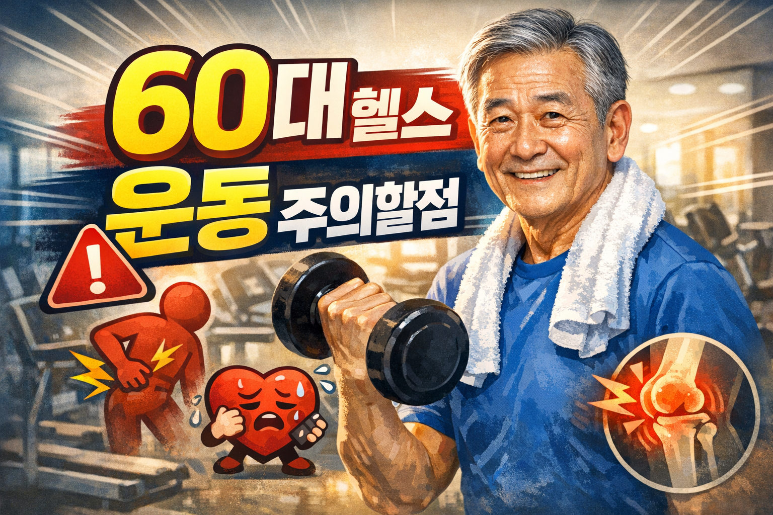 60대 헬스 운동 현실을 주제로 안전한 운동과 피해야 할 동작, 관절·심혈관 부담 요소를 설명하는 일러스트 이미지