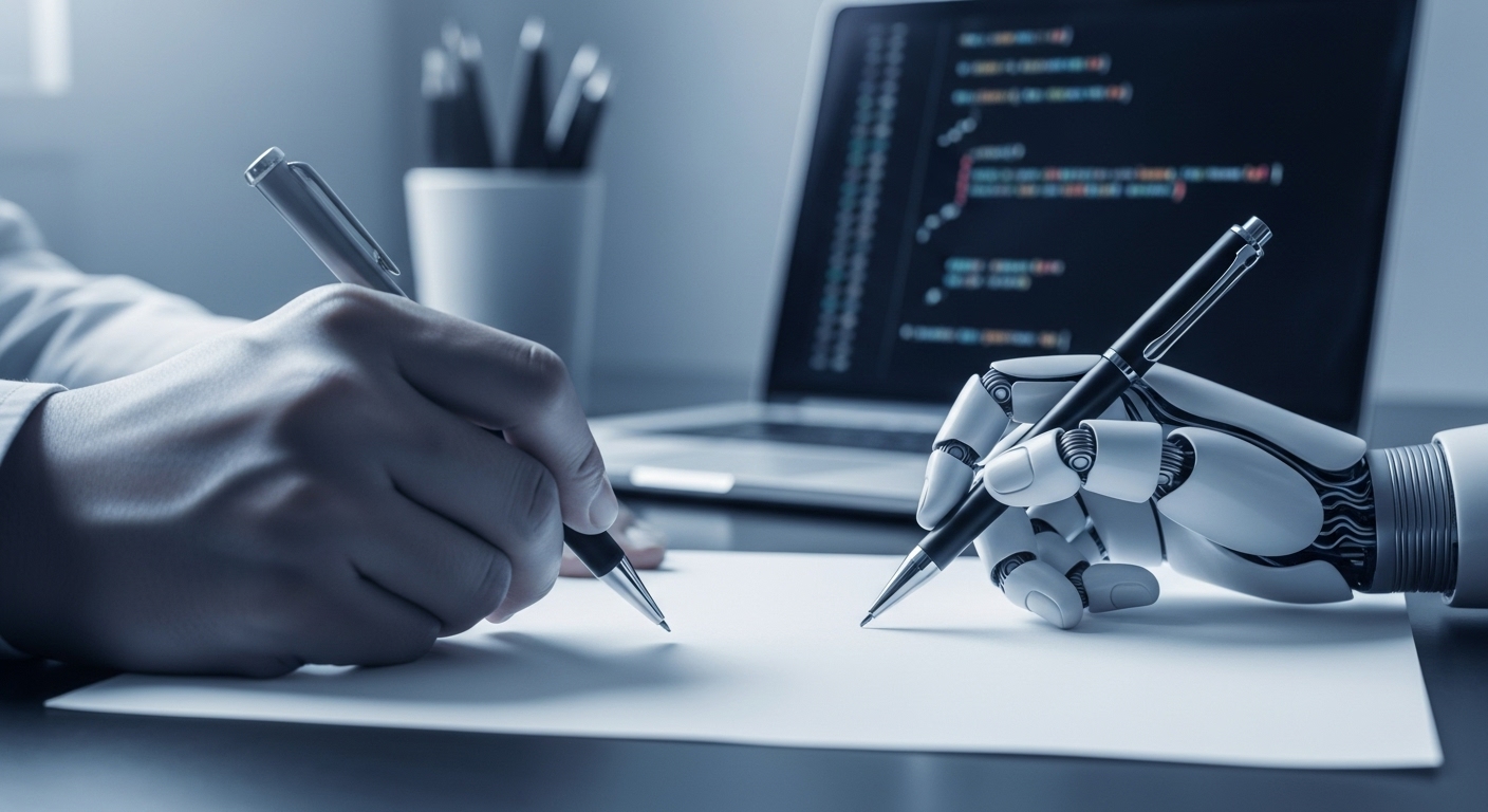 AI와 인간의 협업을 상징하는 그림, AI 글쓰기 생산성