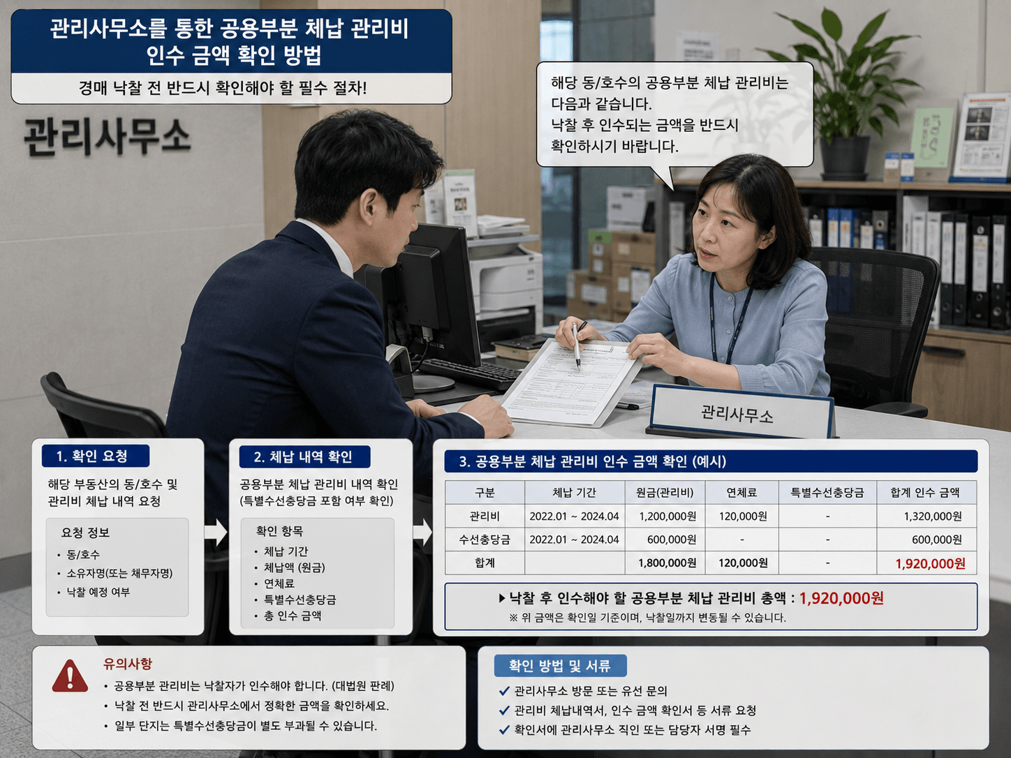 관리사무소를 통한 공용부분 체납 관리비 인수 금액 확인하는 모습