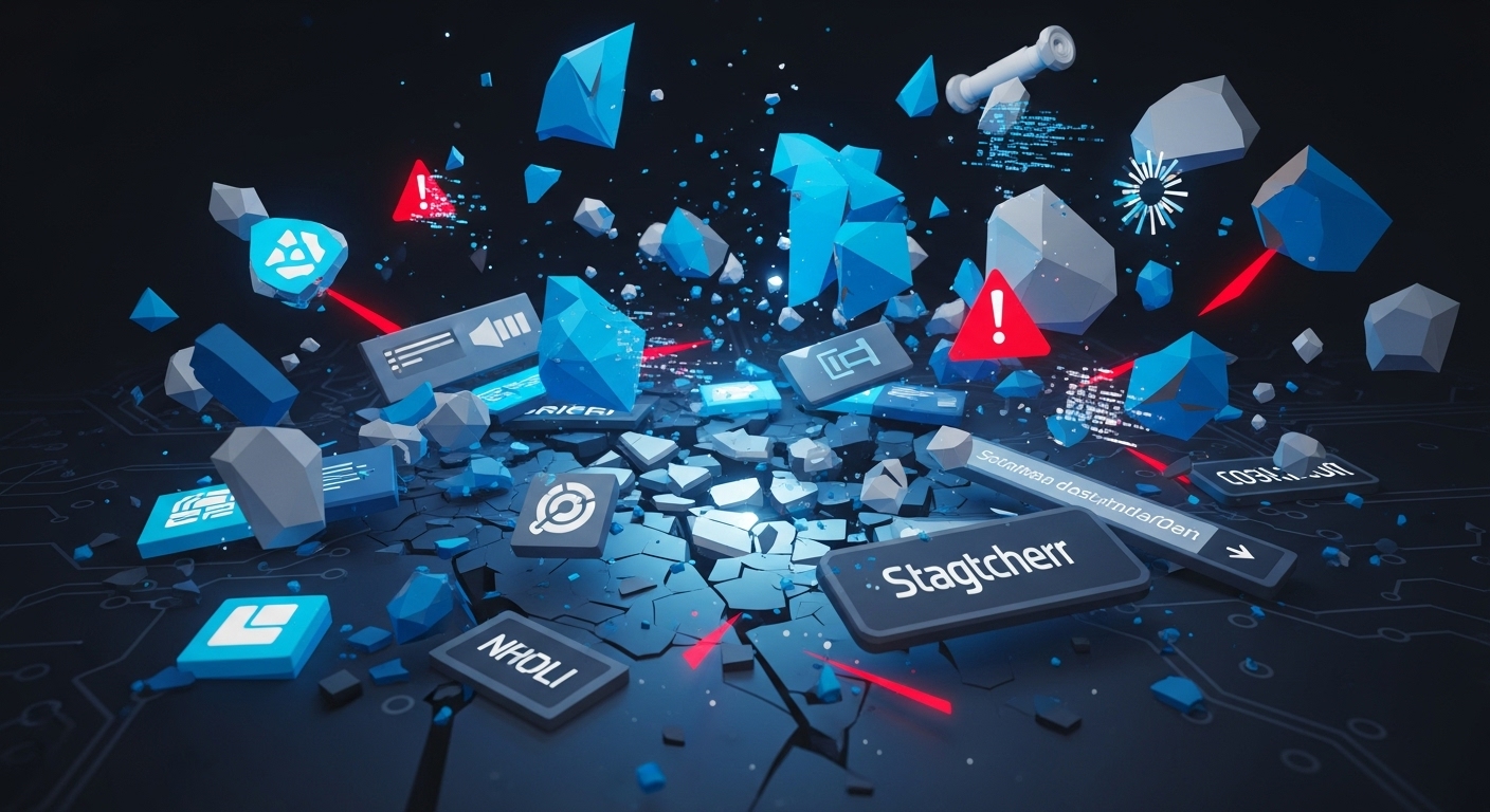 파편화된 사용자 인터페이스 조각들로 혼란을 나타내는 디지털 퍼즐