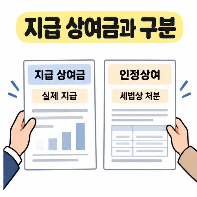 지급 상여금의 실제 지급과 인정상여의 세법상 처분을 나란히 놓은 두 자료로 비교하는 모습