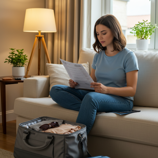 여성이 여행을 위해 쇼파에서 정리 하는 모습