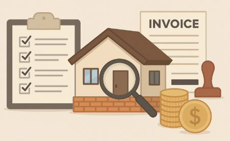 "농촌 빈집 구매 비용을 표현한 일러스트, 체크리스트와 주택, 돋보기, 인보이스 문서, 동전 더미가 함께 배치된 디자인"