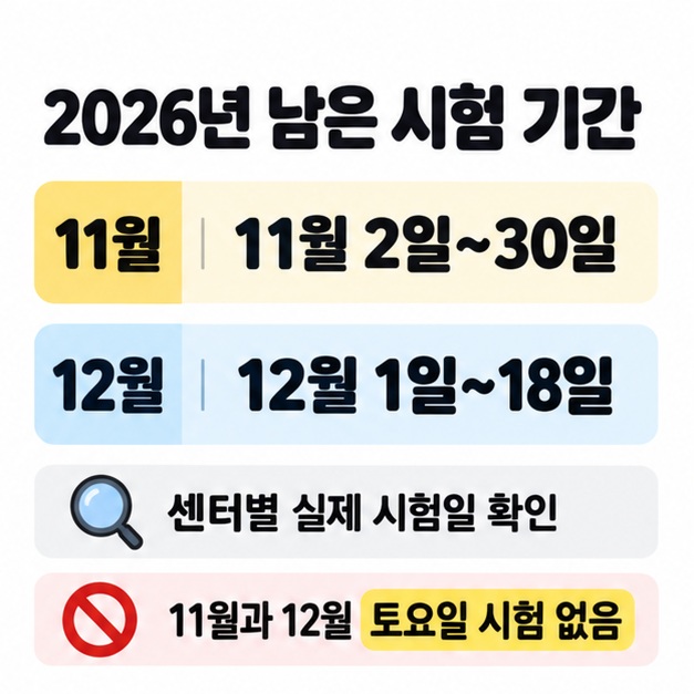 2026년 11월 2일부터 30일과 12월 1일부터 18일까지의 시험 기간, 센터별 실제 시험일 확인과 토요일 시험 없음 안내