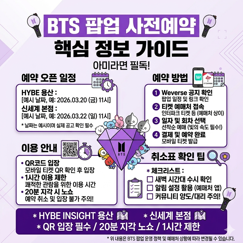 BTS 팝업 사전예약 위버스 예약방법&middot;오픈시간&middot;HYBE 용산&middot;신세계 본점 최신 안내 인포그래픽