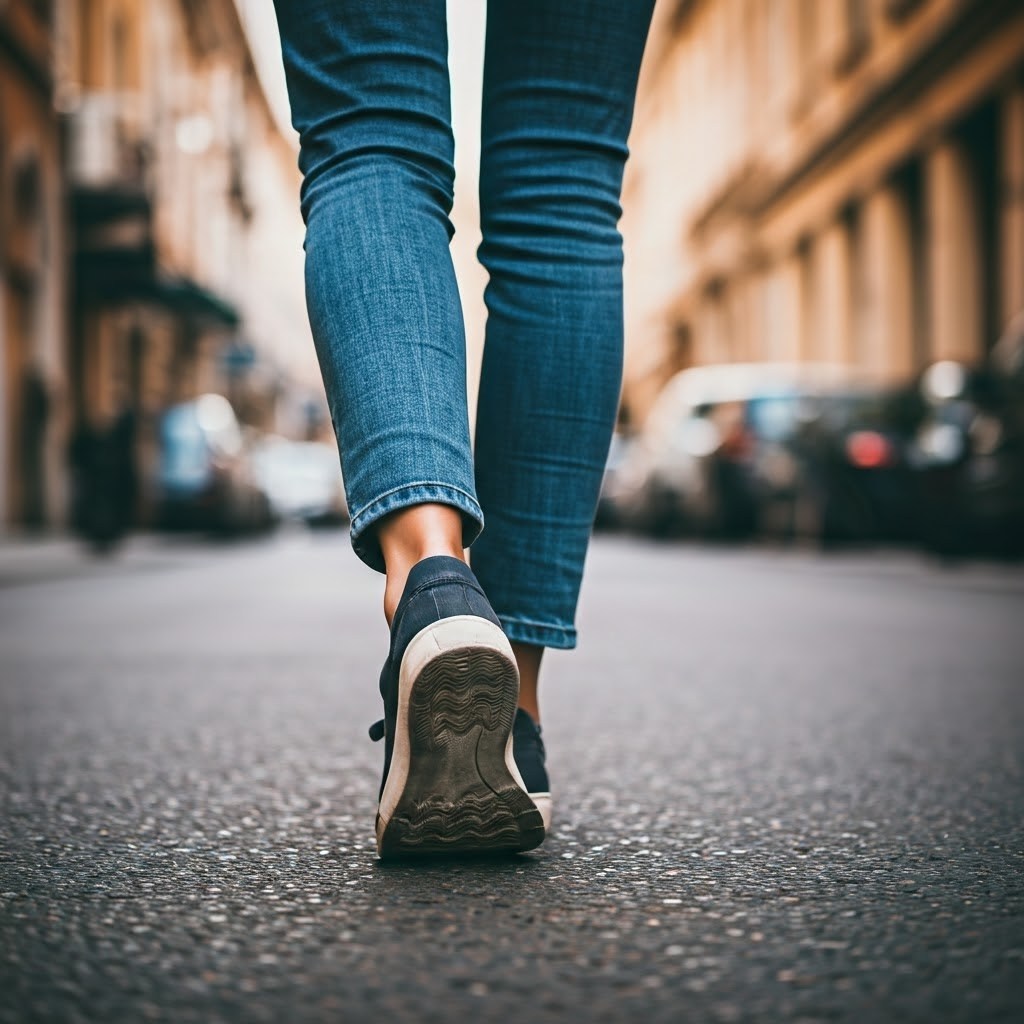 바닥이 보이게 운동화 신고 걸어가는 여성 사진