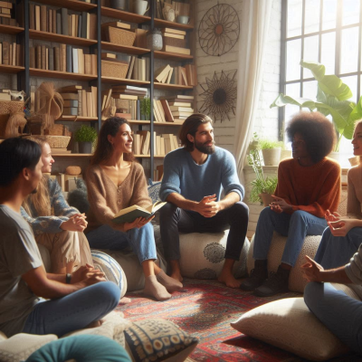 커다란 창문으로 자연광이 들어오는 방에서 사람들이 책을 읽으며 원을 이루어 앉아 있습니다.