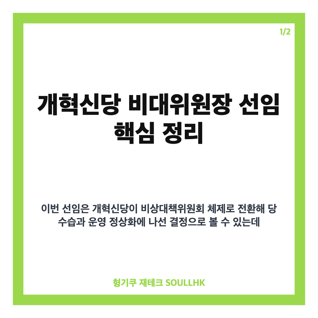 개혁신당 비대위원장 이기인 선임, 당 수습과 임기 핵심 정리 카드뉴스 1