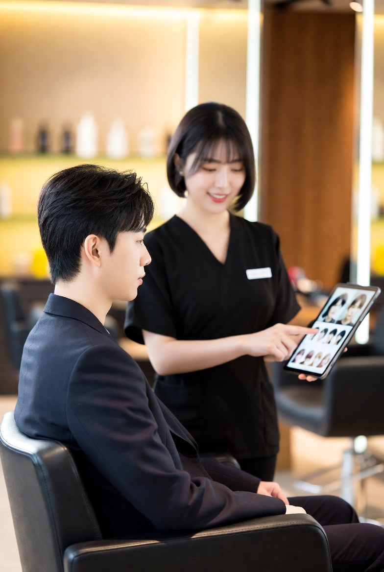미용실에서 디자이너와 상담하며 태블릿으로 스타일을 고르는 모습