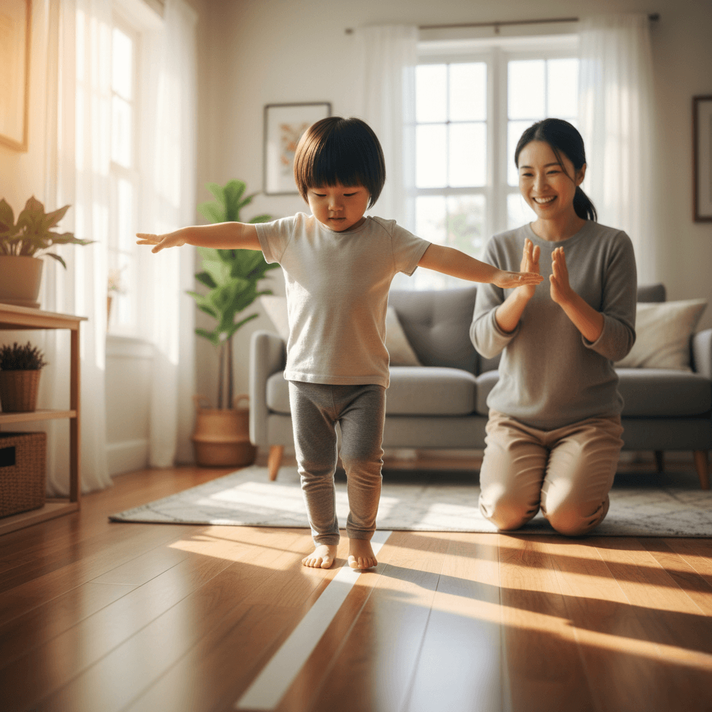 거실 바닥에 붙인 테이프 위를 중심 잡으며 걷고 있는 아이와 응원하는 엄마