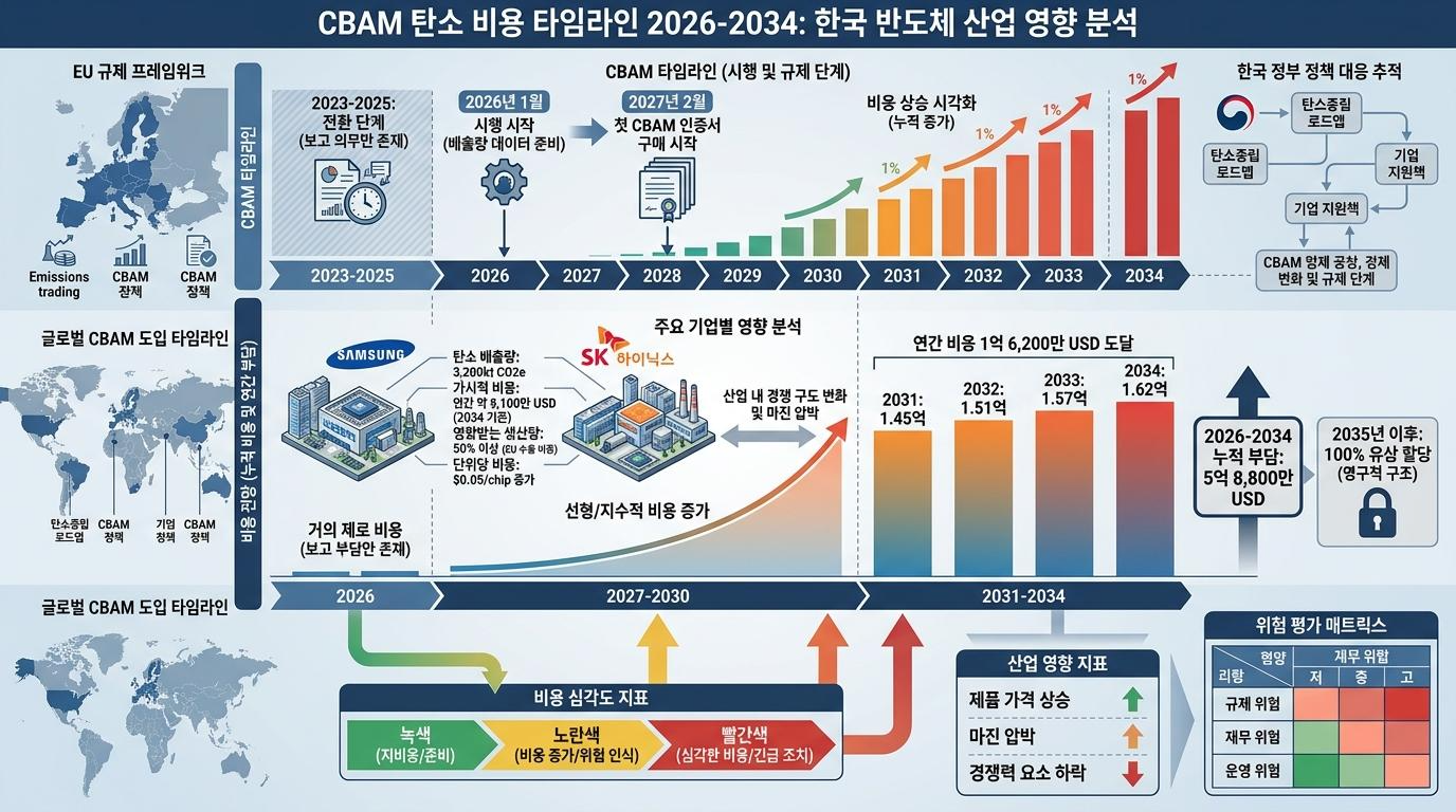CBAM 탄소비용, 한국 반도체, 2026-2034 시간 경과, 비용 증가 추세