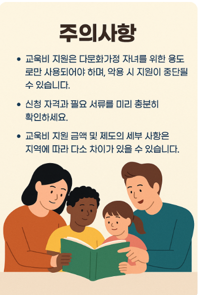 다문화가정 교육비 지원 주의사항 안내 인포그래픽. 서류 누락, 신청 마감일, 소득 조건 등을 강조하며, 주황색 경고 아이콘과 함께 체크리스트 형식으로 주의사항이 정리되어 있다.