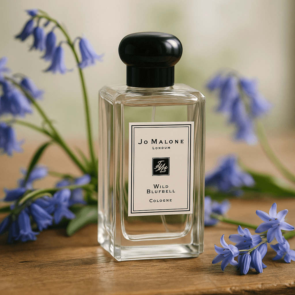 조말론 와일드 블루벨 향수. 투명한 직사각형 유리병에 블랙 라운드 캡과 화이트 라벨이 어우러진 심플한 디자인. 나무 테이블 위에 블루벨 꽃들이 놓여 있으며, 부드러운 아침 햇살이 비치는 고급스럽고 미니멀한 무드.