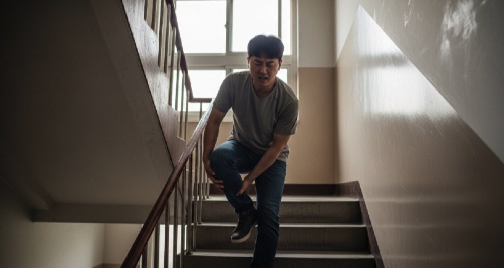 계단 오르다 멈춤