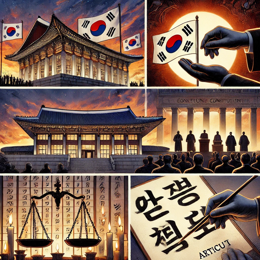 헌법재판소 외관과 촛불시위&amp;#44; 저울&amp;#44; 국기를 담은 상징적 구성 