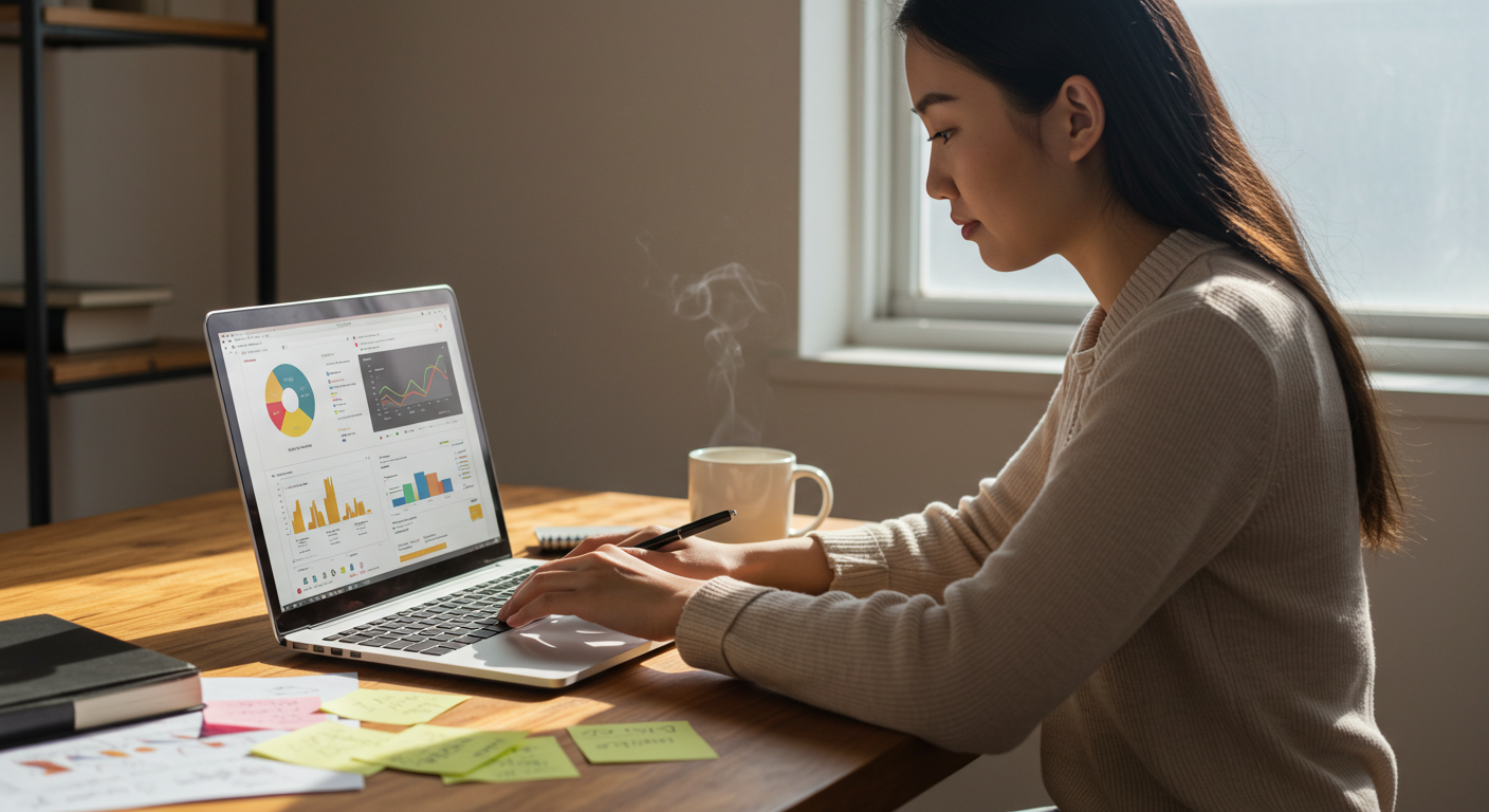 키워드 분석에 몰두하는 블로거의 작업 공간