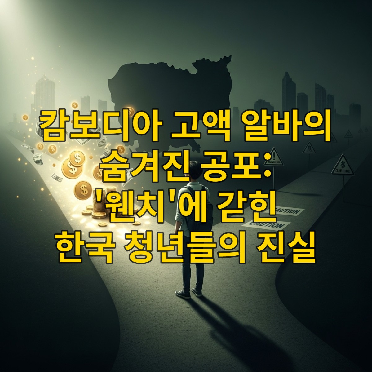 캄보디아 고액 알바의 위험한 유혹을 상징하는, 빛나는 돈다발과 어두운 그림자가 공존하는 갈림길에 선 한국 청년의 모습