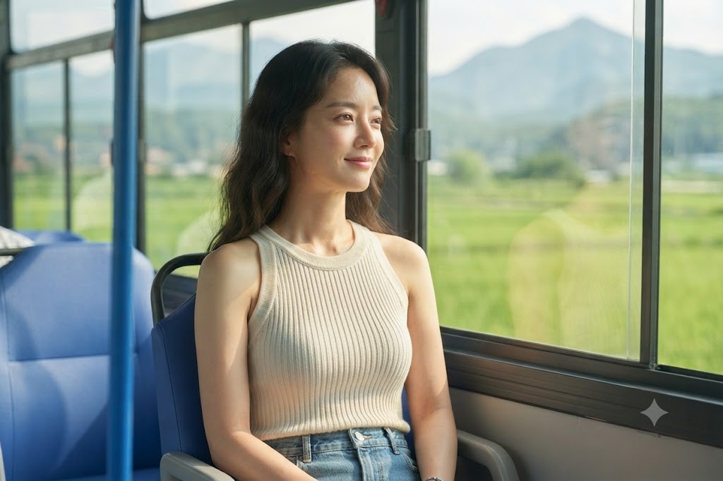 남한산성으로 향하는 버스 안에서 즐겁게 바깥 경치를 바라보는 여성
