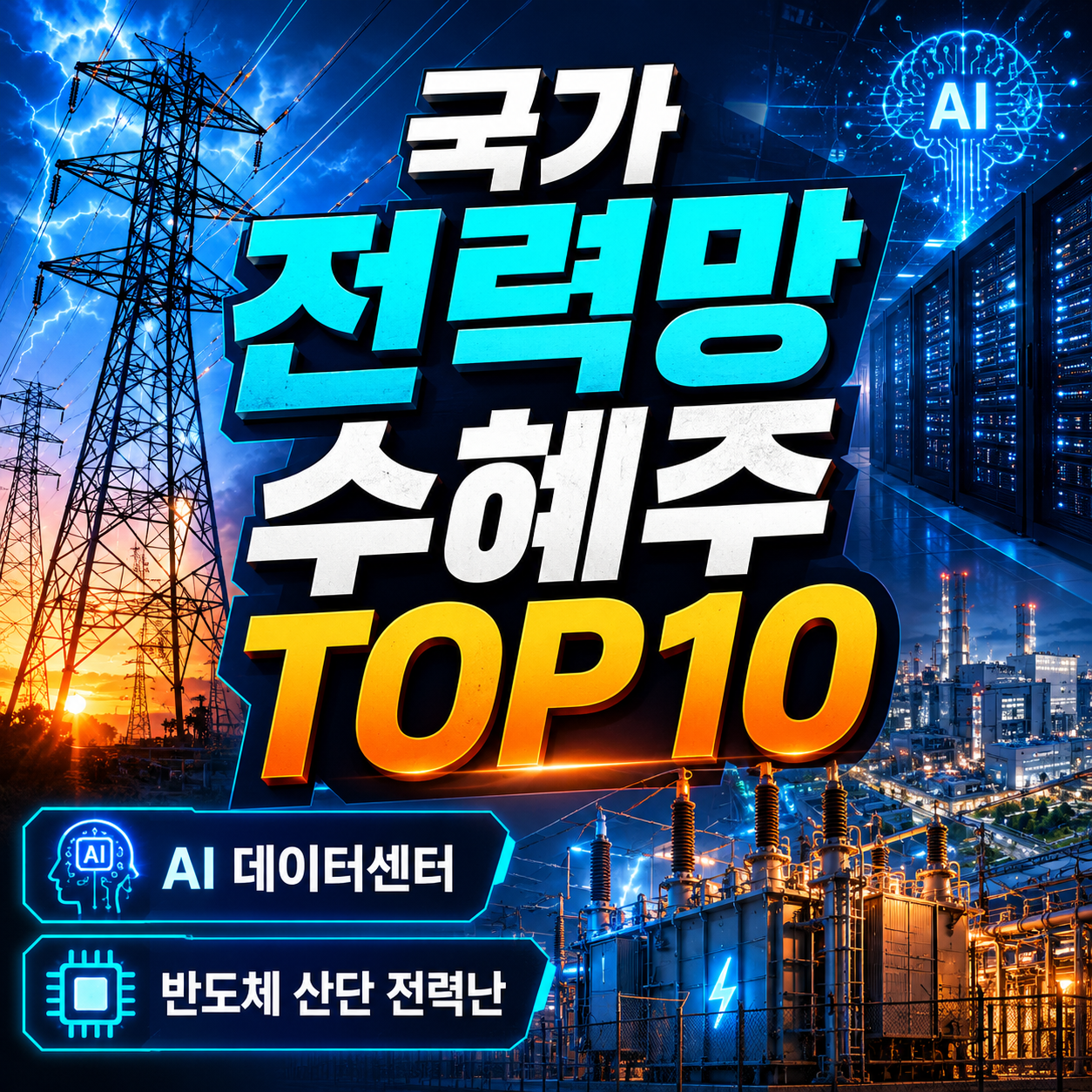 AI 데이터센터와 반도체 산단 전력난으로 주목받는 국가 전력망 수혜주 TOP10, 변압기 전선 송전망 관련주를 정리한 투자 정보 이미지