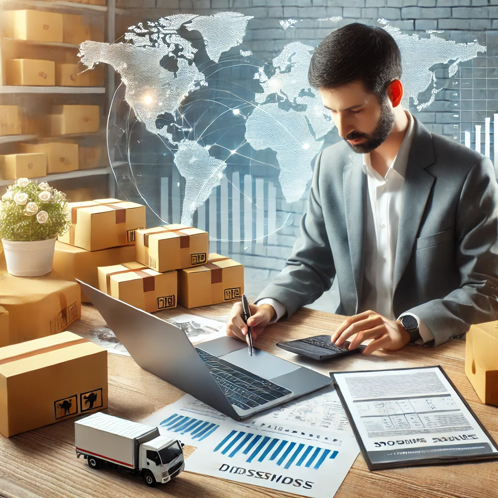 해외 직구 &amp; 구매 대행,해외에서 직구 및 구매 대행을 관리하는 사업가의 모습,노트북으로 상품 목록을 확인하며,주변에는 해외 배송 상자와 통관 서류가 있음.