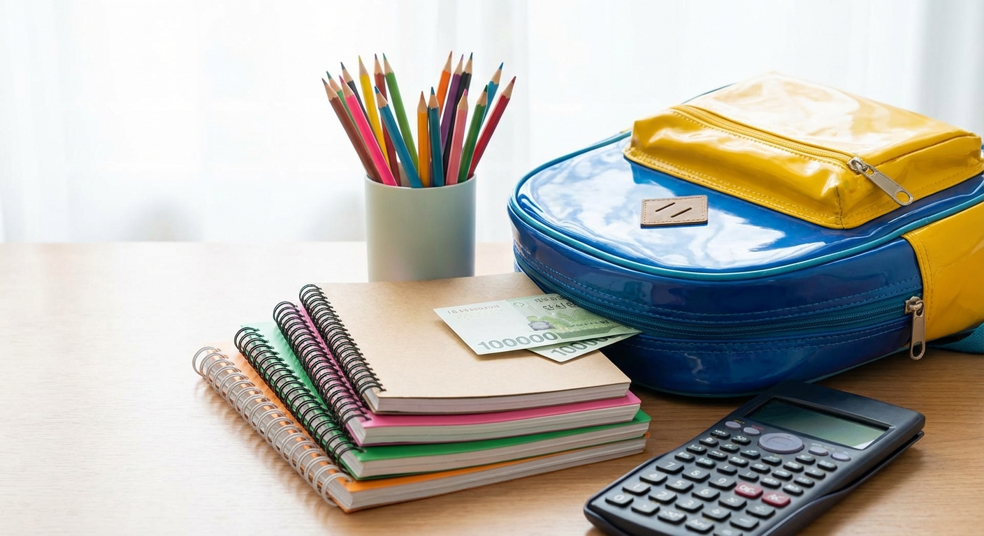 초등학교 입학 준비물인 새 학용품, 책가방, 그리고 10만원을 상징하는 지폐