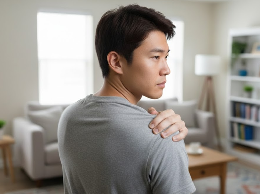 오십견으로 인한 통증으로 어깨를 마사지 하고 있는 남성