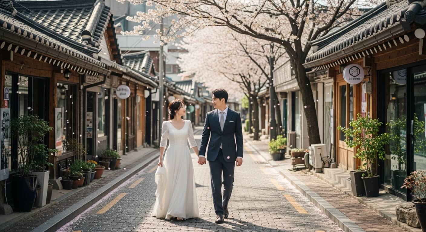 벚꽃이 핀 전통 거리에서 웨딩드레스를 입고 걷는 신혼부부
