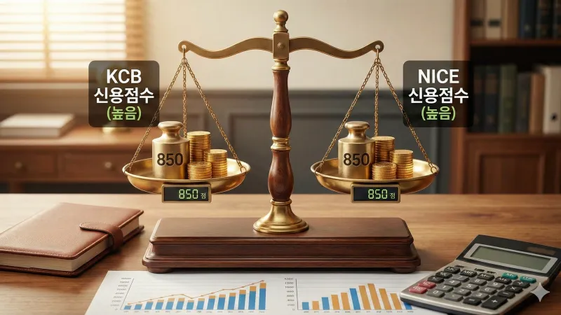 토스 및 카카오뱅크 앱에서 조회한 KCB 올크레딧과 NICE 나이스지키미 신용점수 비교 화면