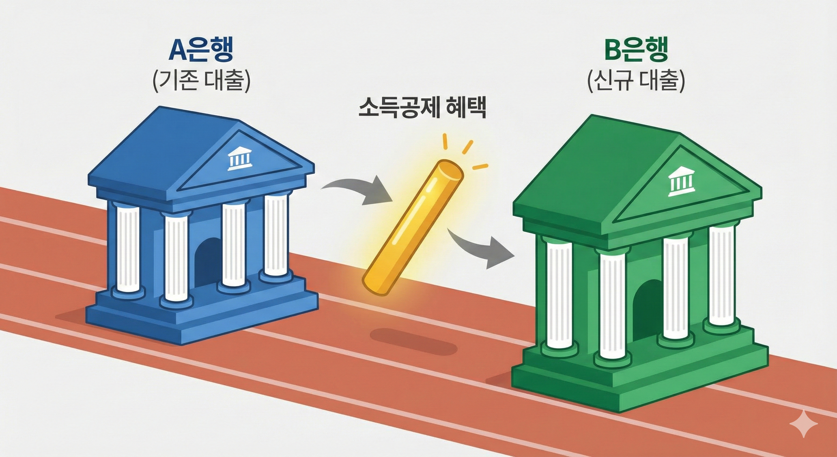 대출 갈아타기 개념도. A은행(기존 대출)에서 B은행(신규 대출)으로 바통을 넘겨주는 이어달리기 모습. 바통에는 '소득공제 혜택'이라고 적혀 있음.