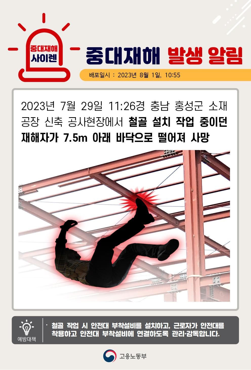 철골 설치 작업 중 떨어짐(7.5m)