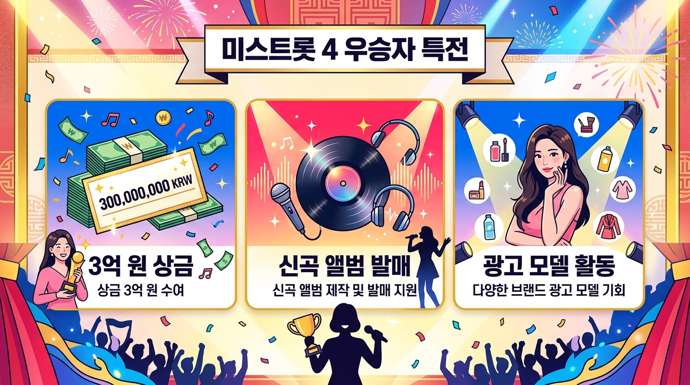 상금 3억 원과 신보 발매, 광고 모델 등 미스트롯4 우승자 특전 요약 이미지