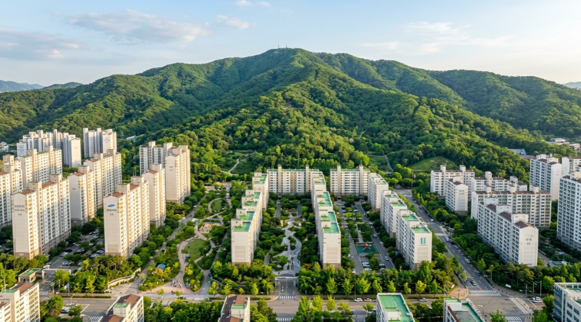 봉제산 푸른 녹지와 어우러진 등촌동 대단지 아파트 전경