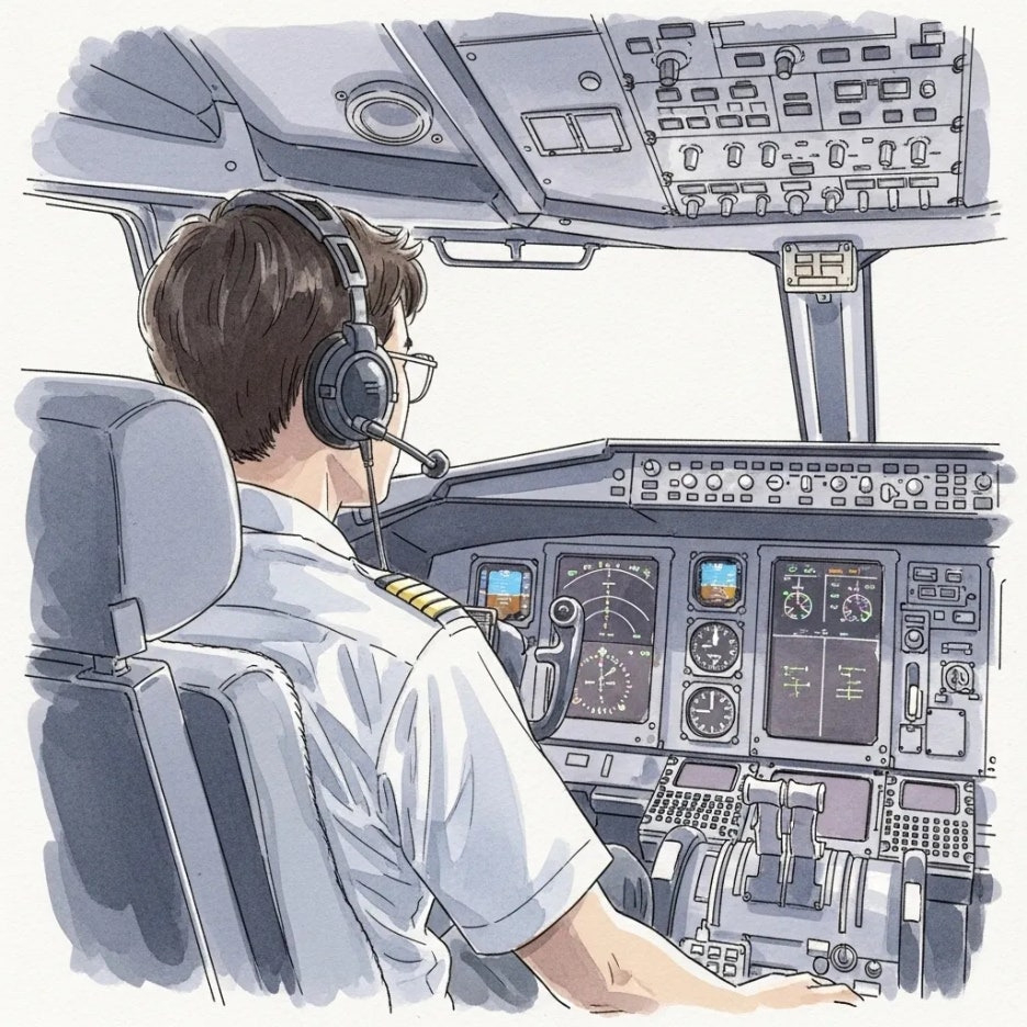 비행 중 계기판을 확인하는 부기장의 모습