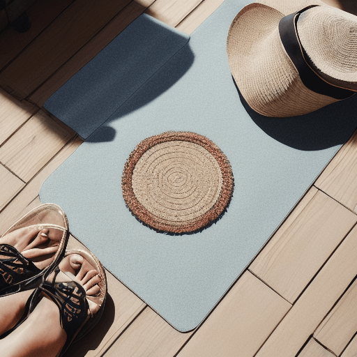 마루바닥위에 올려진 파스텔블루 컬러의 돗자리 이미지