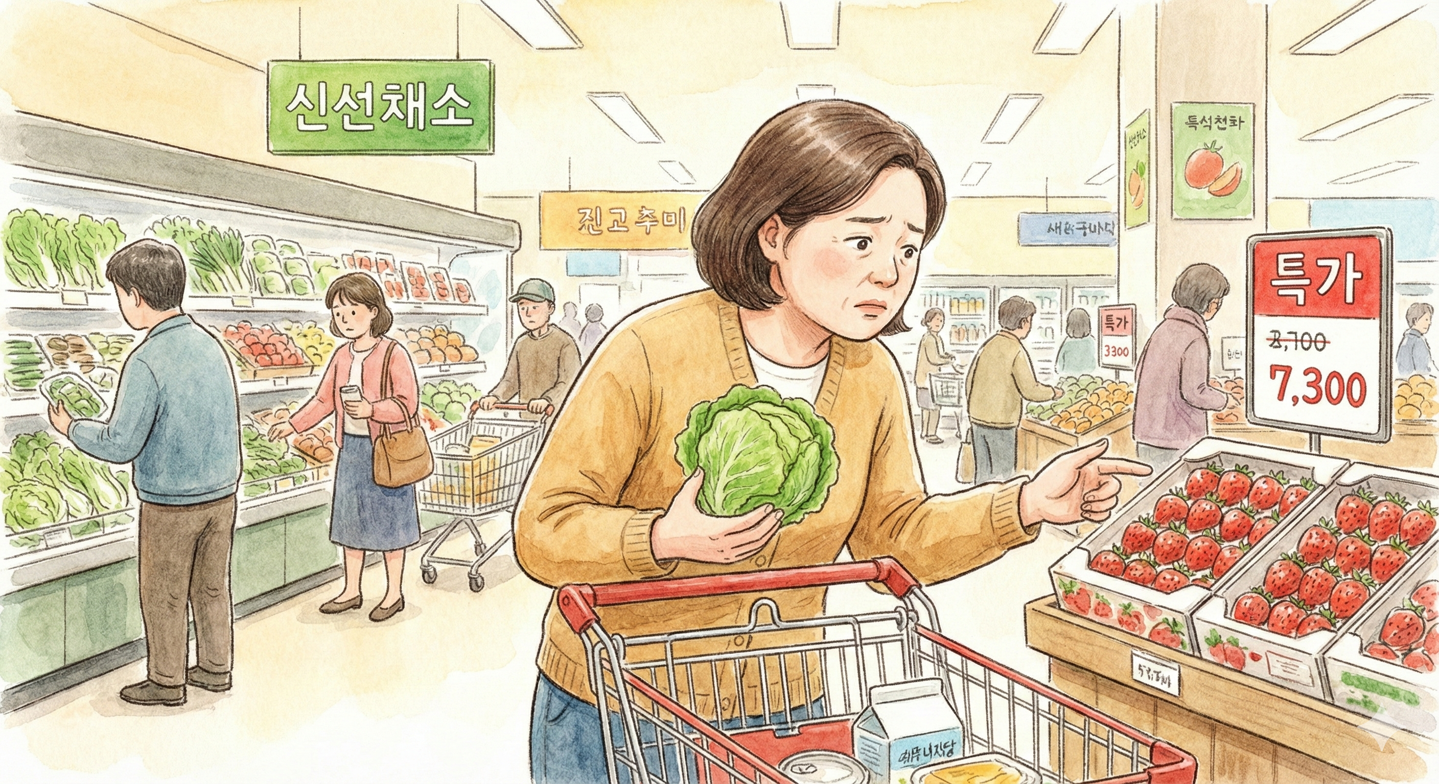 야채코너에서 가격을 보는 중년 여성