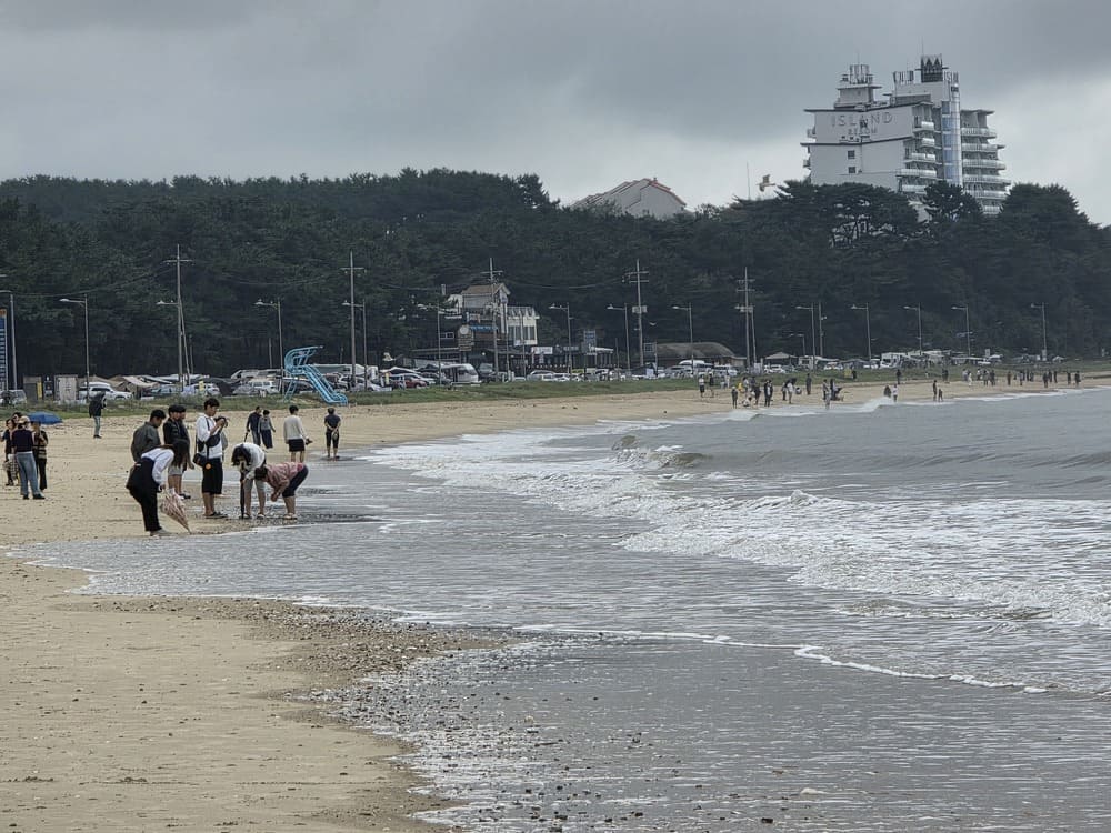 태안 안면도 꽃지해수욕장의 넓은 백사장과 파도