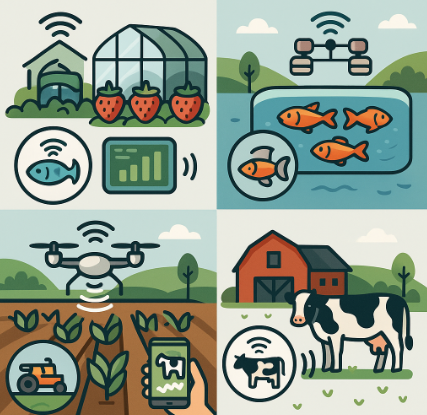 드론, 스마트 온실, 스마트 양식장, 스마트 축사 등 농장 스마트화 기술을 보여주는 일러스트 4분할 이미지