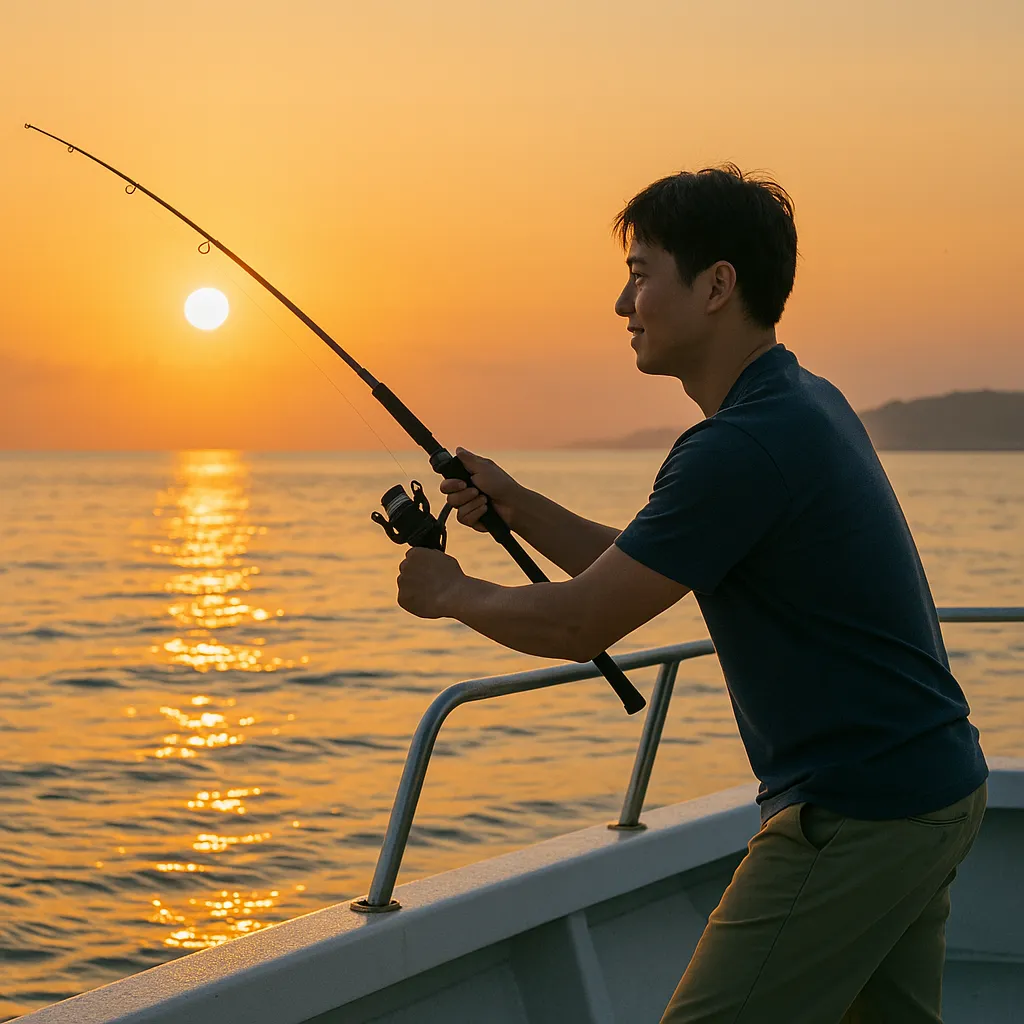 해 뜨는 바다 위에서 낚싯대를 드리우는 남성 모습