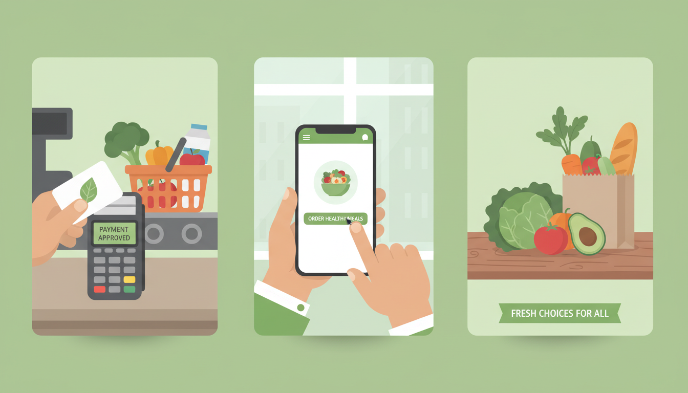 청년 식비 지원 바우처나 지역 화폐로 마트에서 식료품을 구매하거나 배달 앱을 사용하는 모습, 다양한 사용처를 보여줌